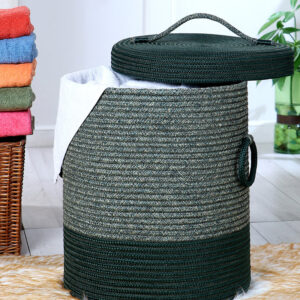 Pano Striped Multi-Purpose Laundry Basket with Lid, 15×15×18 in | Foldable Storage Hamper - Green