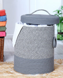 Pano Striped Multi-Purpose Laundry Basket with Lid, 15×15×18 in | Foldable Storage Hamper – Grey