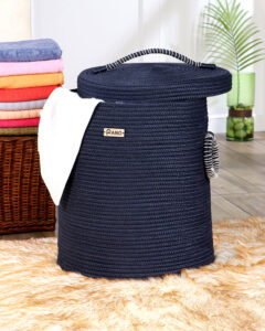 Pano Solid Multi-Purpose Laundry Basket with Lid, 15×15×18 in | Foldable Storage Hamper – Navy