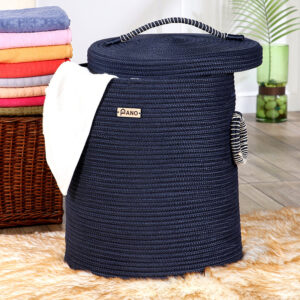 Pano Solid Multi-Purpose Laundry Basket with Lid, 15×15×18 in | Foldable Storage Hamper - Navy