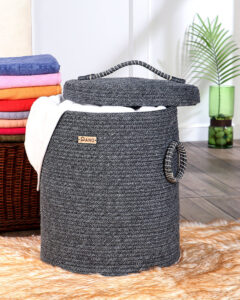Pano Tri-Colour Multi-Purpose Laundry Basket with Lid, 15×15×18 in | Foldable Storage Hamper – Charcoal