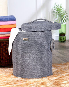 Pano Tri-Colour Multi-Purpose Laundry Basket with Lid, 15×15×18 in | Foldable Storage Hamper – Grey