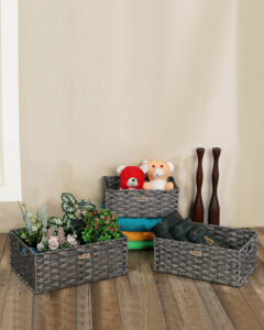Pano Hudson Wicker Storage Basket | Multipurpose Home & Shelf Organiser (3 Sizes) – Mud Brown, Set of 3
