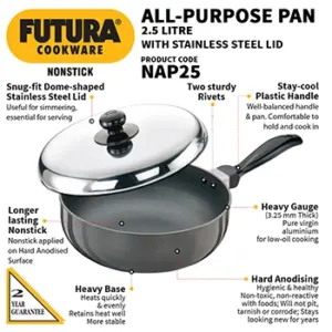 Nonstick All Purpose Pan 2.5 Litre with Stainless Steel Lid (3.25 mm Thick) (NAP25) image 2