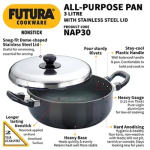 Nonstick All Purpose Pan 3 Litre with Stainless Steel Lid (3.25 mm Thick) (NAP30) image 2