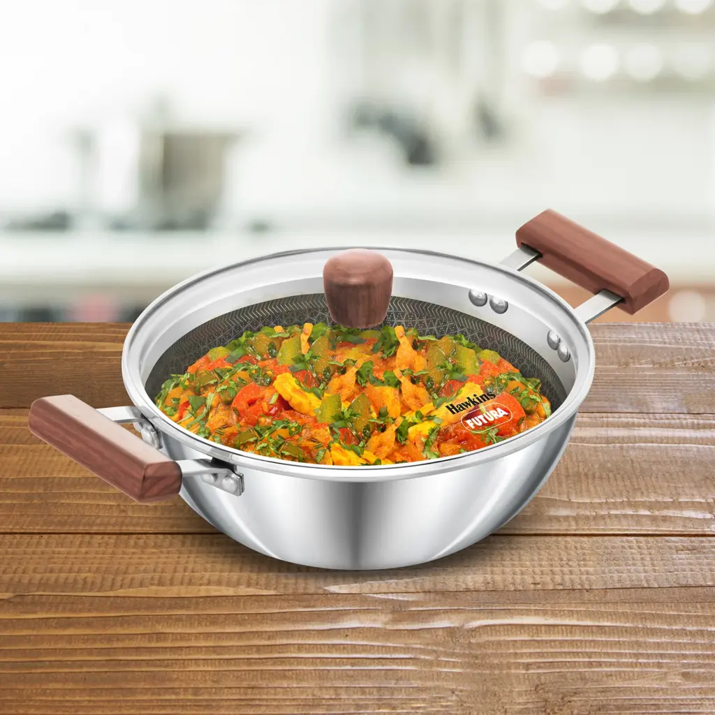 Induction Compatible SS Tri-ply Shielded Nonstick Deep Kadhai 2.5 Litre with Glass Lid (NSDK25G) — Bihari Di Hatti