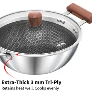 Induction Compatible SS Tri-ply Shielded Nonstick Deep Kadhai 2.5 Litre with Glass Lid (NSDK25G) image 4