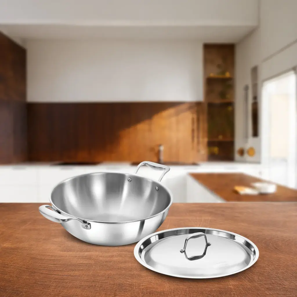 Induction Compatible SS Tri-ply PRO Deep-Fry Pan 5 Litre with Stainless Steel Lid (PSK50S) — Bihari Di Hatti