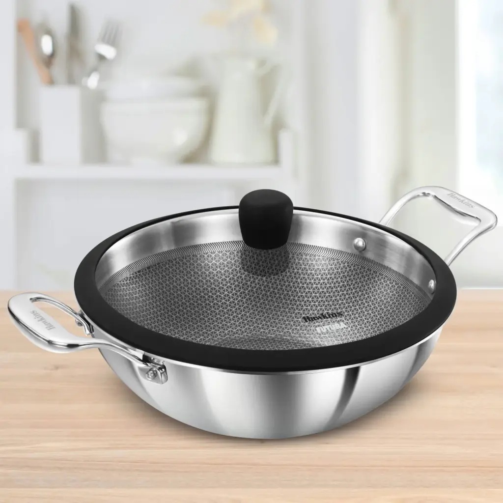 Induction Compatible SS Tri-ply Sheilded PRO Deep-Fry Pan 3.5 Litre with Glass Lid (PSNK35G) — Bihari Di Hatti