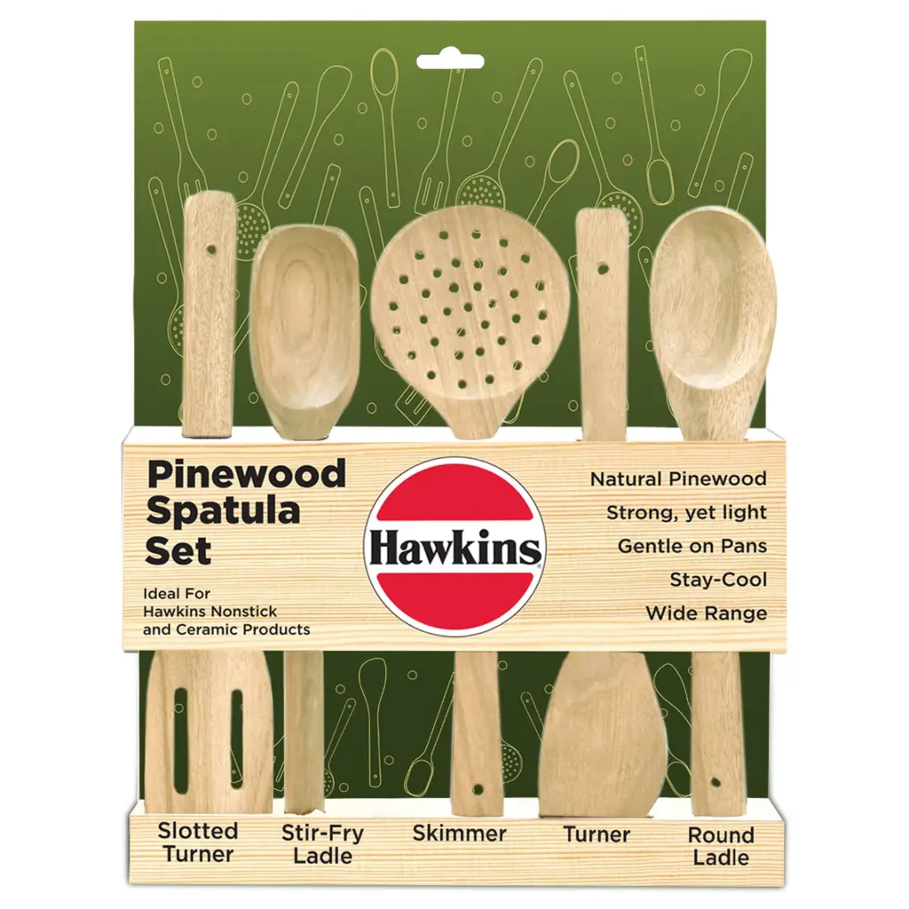 Hawkins Pinewood Spatula Set of 5, Natural Pinewood, Stay-Cool, Gentle on Nonstick & Ceramic Cookware (PSPTL5) — Bihari Di Hatti