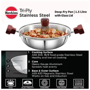 Induction Compatible SS Tri-ply Deep Kadhai 1.5 Litre with Glass Lid (3 mm Thick) (SSD15G) image 2