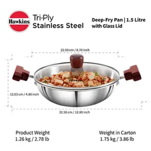 Induction Compatible SS Tri-ply Deep Kadhai 1.5 Litre with Glass Lid (3 mm Thick) (SSD15G) image 5