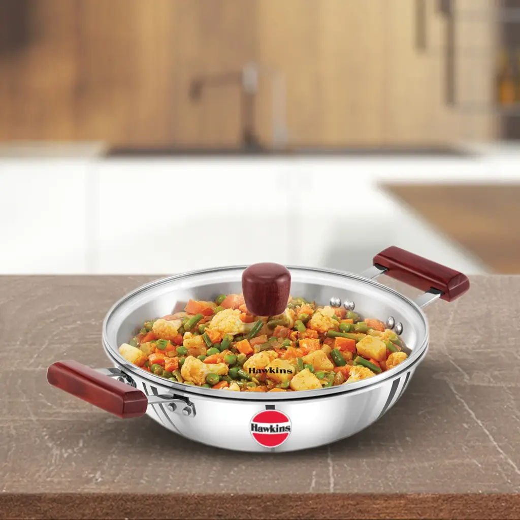 Induction Compatible SS Tri-ply Deep Kadhai 2.5 Litre with Glass Lid (3 mm Thick) (SSD25G) — Bihari Di Hatti