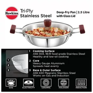 Induction Compatible SS Tri-ply Deep Kadhai 2.5 Litre with Glass Lid (3 mm Thick) (SSD25G) image 2