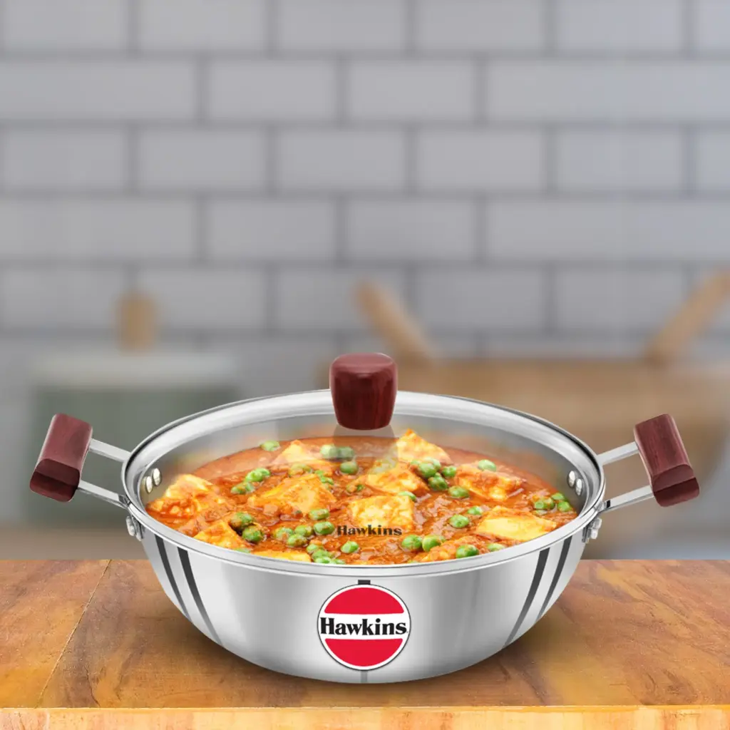 Induction Compatible SS Tri-ply Deep Kadhai 4 Litre with Glass Lid (SSK40G) — Bihari Di Hatti