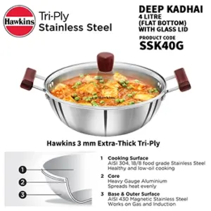 Induction Compatible SS Tri-ply Deep Kadhai 4 Litre with Glass Lid (SSK40G) image 2