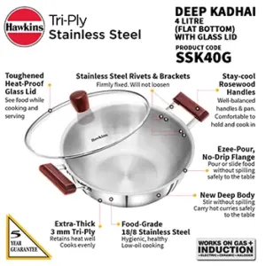 Induction Compatible SS Tri-ply Deep Kadhai 4 Litre with Glass Lid (SSK40G) image 3