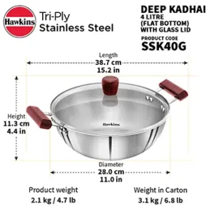 Induction Compatible SS Tri-ply Deep Kadhai 4 Litre with Glass Lid (SSK40G) image 4