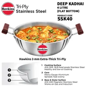 Induction Compatible SS Tri-ply Deep Kadhai 4 Litre (SSK40) image 2