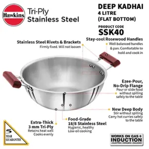 Induction Compatible SS Tri-ply Deep Kadhai 4 Litre (SSK40) image 3