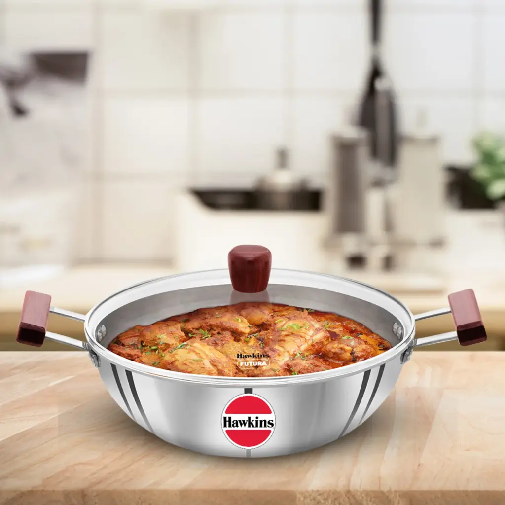 Induction Compatible SS Tri-ply Deep Kadhai 5 Litre with Glass Lid (SSK50G) — Bihari Di Hatti