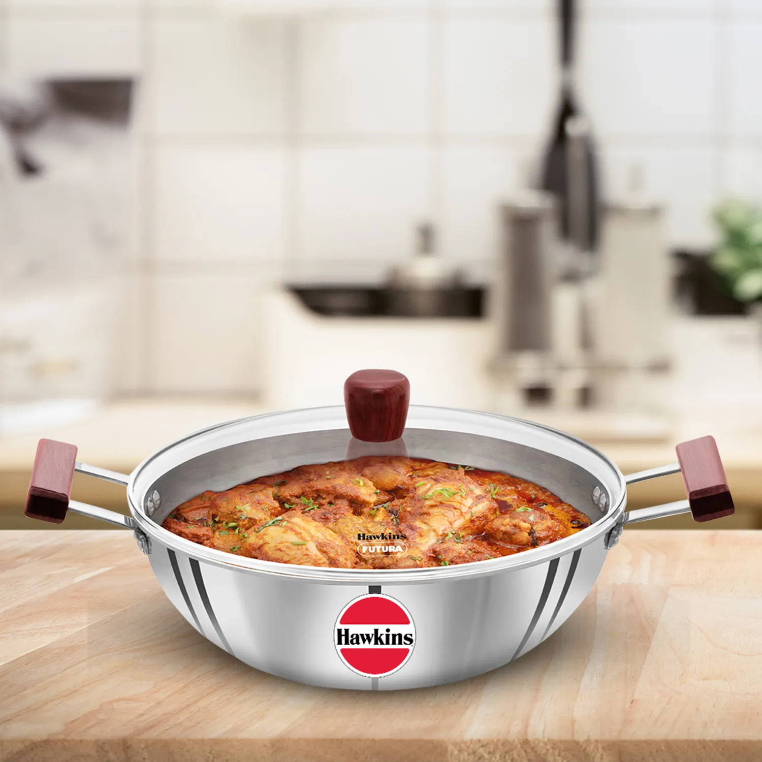 Induction Compatible SS Tri-ply Deep Kadhai 5 Litre with Glass Lid (SSK50G)