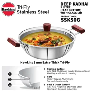 Induction Compatible SS Tri-ply Deep Kadhai 5 Litre with Glass Lid (SSK50G) image 2