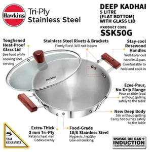 Induction Compatible SS Tri-ply Deep Kadhai 5 Litre with Glass Lid (SSK50G) image 3