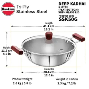 Induction Compatible SS Tri-ply Deep Kadhai 5 Litre with Glass Lid (SSK50G) image 4