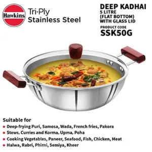 Induction Compatible SS Tri-ply Deep Kadhai 5 Litre with Glass Lid (SSK50G) image 5
