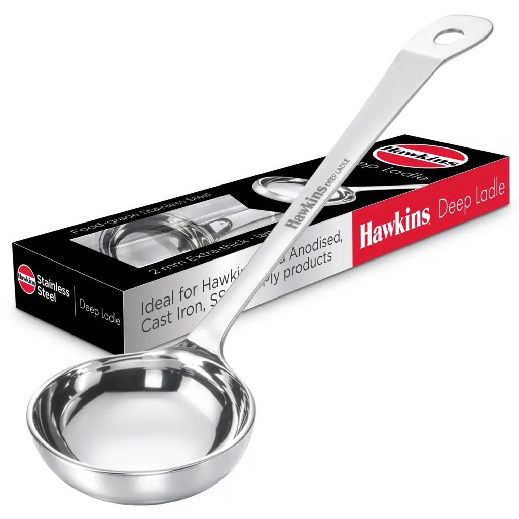 Hawkins 80 ml Deep Stainless Steel Ladle, Heavy Gauge, Durable One-Piece Design, Long Handle with Hanging Loop, Ideal for Serving Dal, Curry & Soup (SSPTDL) — Bihari Di Hatti