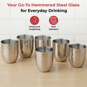 Vinod Premium Hammered Steel Glass, Set of 6, 300ml image 2