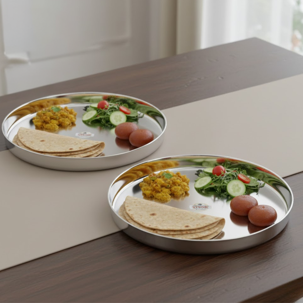 Vinod Steel Khumcha Thali, Set of 2, 30cm — Bihari Bartan Bhandar