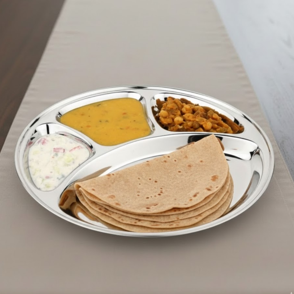 Vinod Steel Bhojan Thali, 4-Compartment, Set of 2 — Bihari Bartan Bhandar