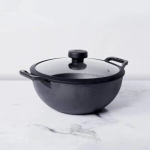 Meyer Pre-Seasoned Cast Iron Deep Kadai / Wok with Glass Lid | 20 & 24 cm | Naturally Non-Stick, Induction & Gas – 24 cm