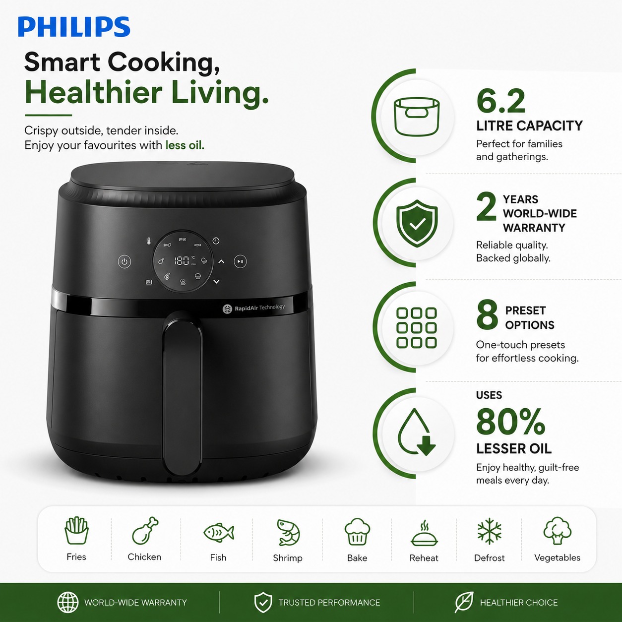 Philips NA239/01 Air Fryer, 6.2L | 8 Presets, 80% Less Oil, Digital Touch Control | 2-Year Warranty
