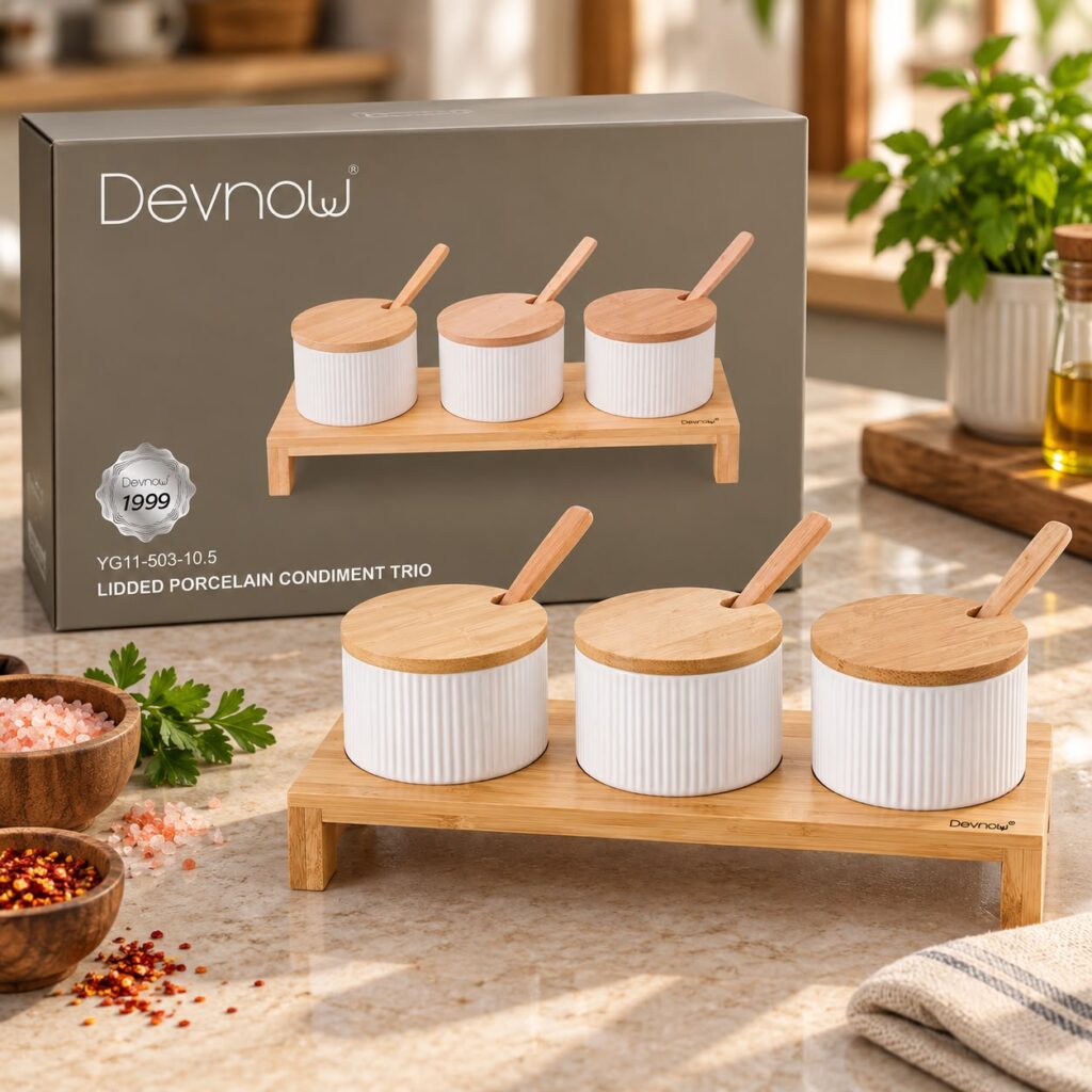 Devnow Lidded Porcelain Condiment Trio — Bihari Bartan Bhandar