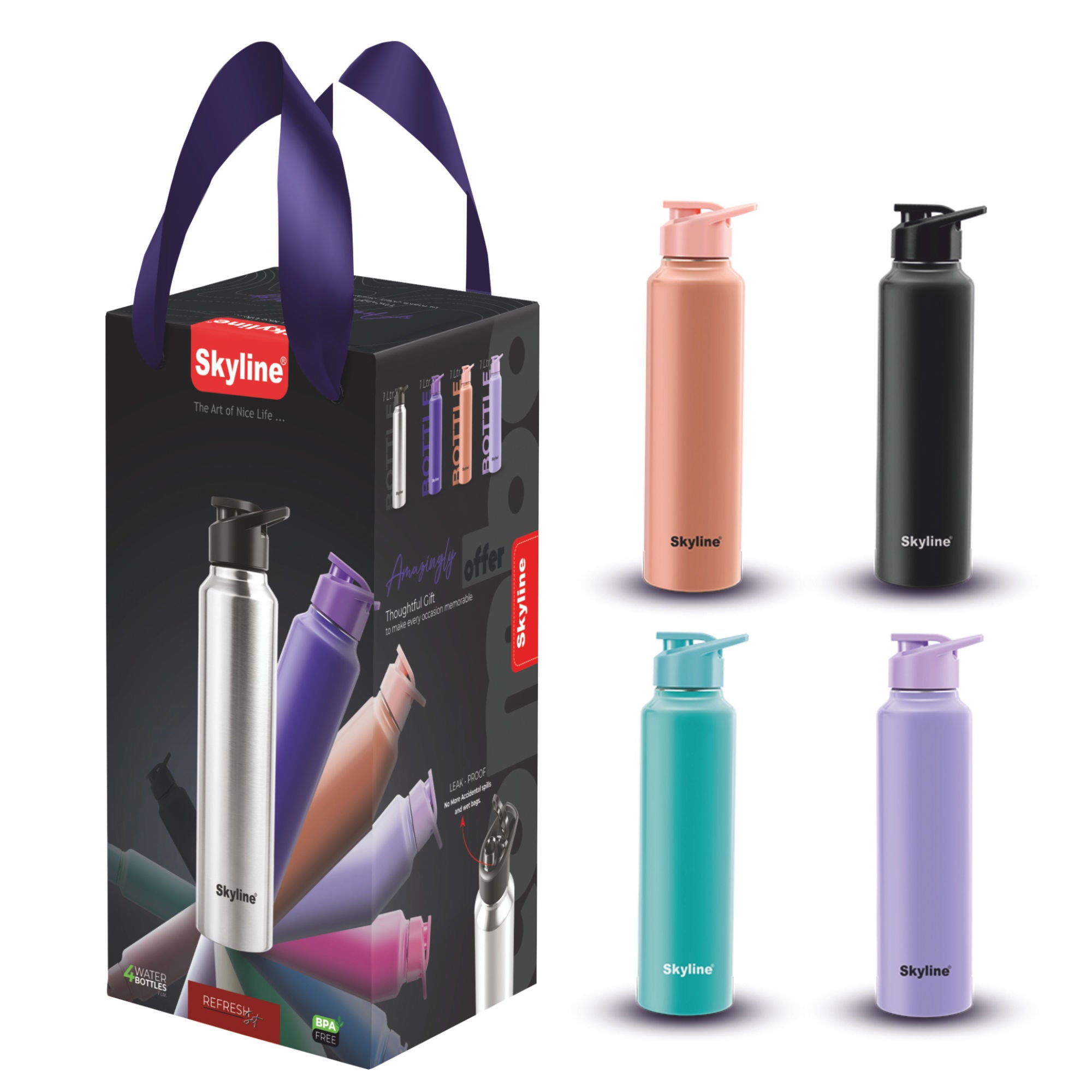 Skyline 4-Pack Stainless Steel Water Bottles, 1L Each | Leak-Proof, Rust-Resistant Daily Hydration Bottles for Home, Office, Gym & Travel