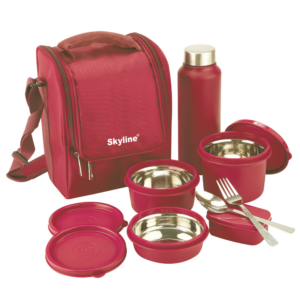 Skyline Office Lunch Box Set | 3 Microwave-Safe Containers + Pickle Box, 750ml Steel Bottle, Cutlery & Insulated Bag | Black, Blue & Red - Red
