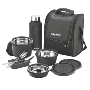 Skyline Office Lunch Box Set | 3 Microwave-Safe Containers + Pickle Box, 750ml Steel Bottle, Cutlery & Insulated Bag | Black, Blue & Red