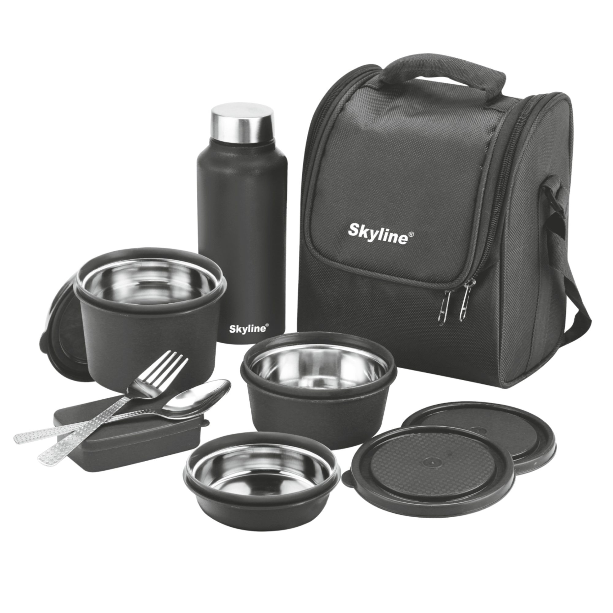 Skyline Office Lunch Box Set | 3 Microwave-Safe Containers + Pickle Box, 750ml Steel Bottle, Cutlery & Insulated Bag | Black, Blue & Red