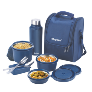 Skyline Office Lunch Box Set | 3 Microwave-Safe Containers + Pickle Box, 750ml Steel Bottle, Cutlery & Insulated Bag | Black, Blue & Red - Blue