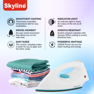 Skyline Dry Iron, 1000W Lightweight | Non-Stick Soleplate, Adjustable Thermostat & Swivel Cord | Instant Heating | 1 Year Warranty image 3