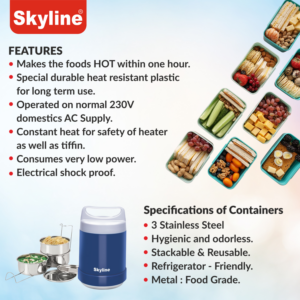 Skyline Electric Lunch Box with Stainless Steel Containers | Self-Heating Spill-Proof Tiffin for Office & Travel image 4