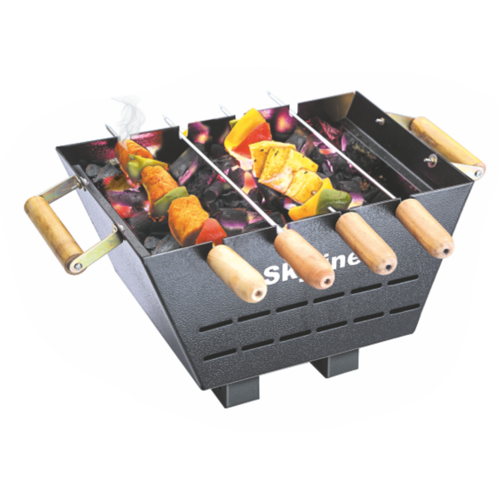 Skyline Compact Charcoal Barbeque Grill with 4 Skewers | Durable Portable BBQ for Terrace, Garden & Camping — Bihari Di Hatti