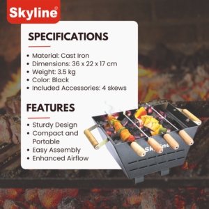 Skyline Compact Charcoal Barbeque Grill with 4 Skewers | Durable Portable BBQ for Terrace, Garden & Camping image 3