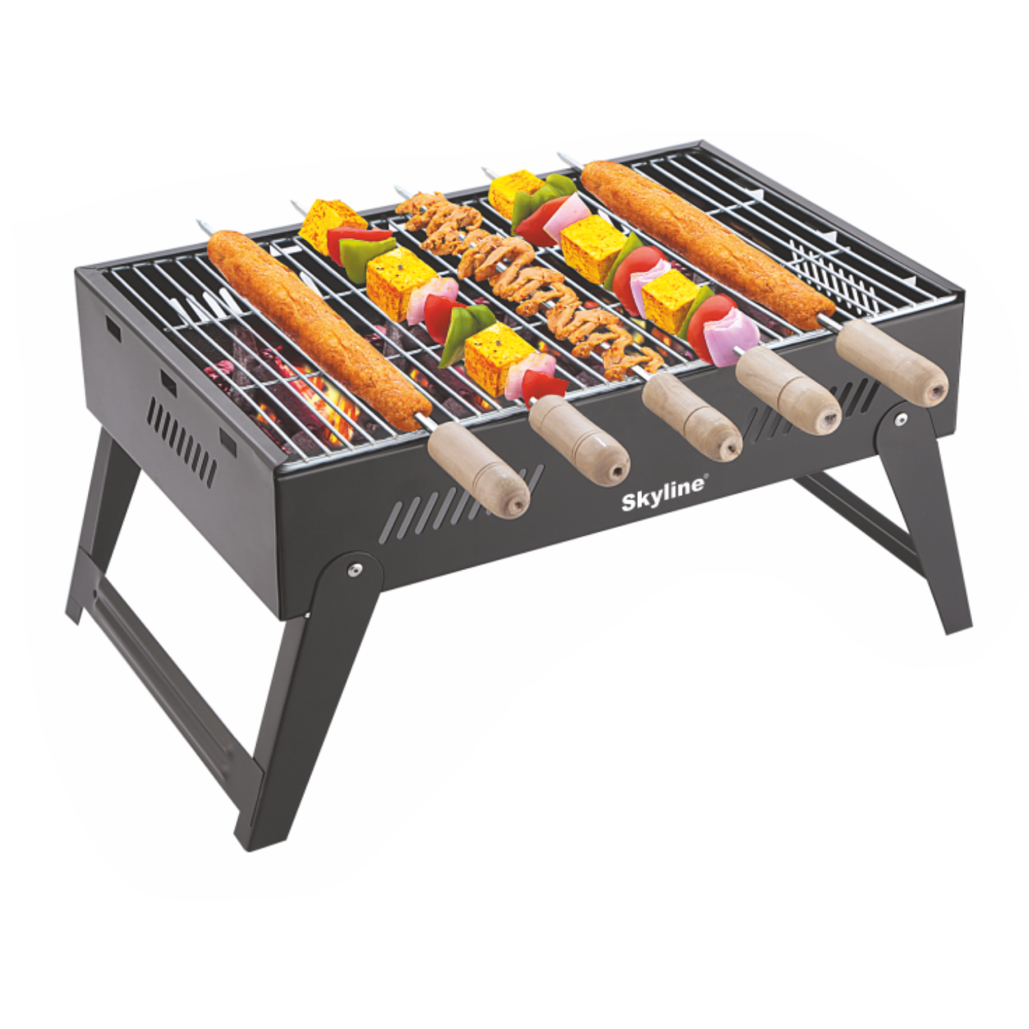 Skyline Foldable Charcoal Barbeque Grill with 5 Skewers | Portable Outdoor BBQ for Picnics, Camping & Terrace