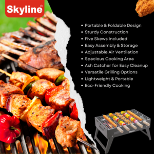 Skyline Foldable Charcoal Barbeque Grill with 5 Skewers | Portable Outdoor BBQ for Picnics, Camping & Terrace image 3