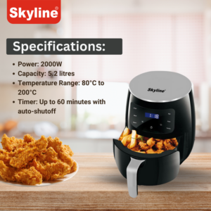 Skyline Digital Air Fryer, 5.2L 2000W | 85% Less Oil, 8 Presets, Digital Touch & LED | Family-Size Healthy Cooking | 1 Year Warranty image 3