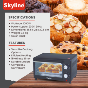 Skyline 12L Oven Toaster Griller (OTG), 1000W | Bake, Toast & Grill with Quartz Heating | 15-Min Timer & Bell | 1 Year Warranty image 3